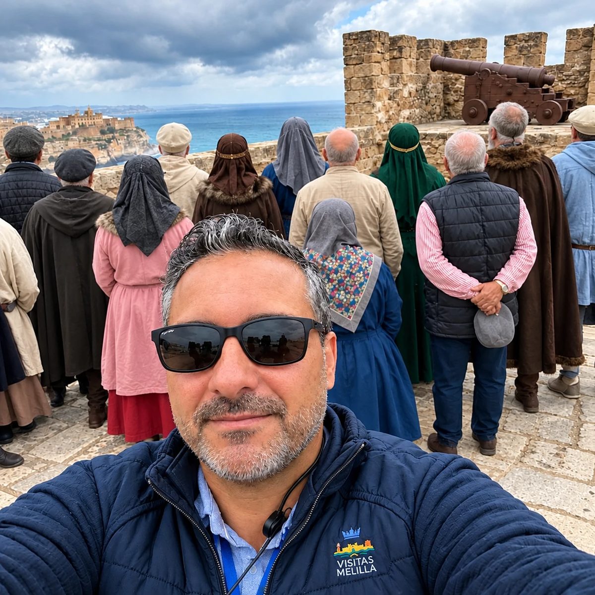 Karim, guide de Visitas Melilla, avec un groupe sur les remparts